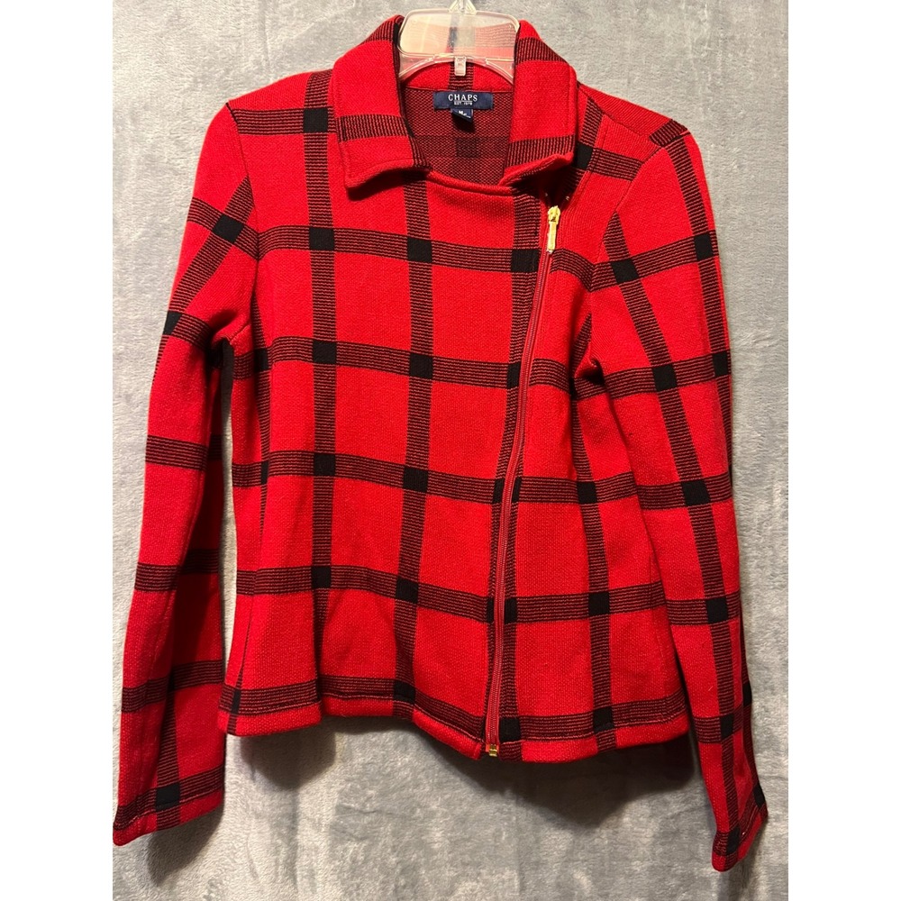 Chaps Red Black Plaid Moto Jacket Women's M Full Zip Cotton Blend
